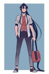  1boy absurdres backpack bag beaugi black_hair black_pants blue_background casual contemporary full_body hair_between_eyes hand_in_pocket highres long_hair looking_at_viewer male_focus mo_dao_zu_shi pants ponytail red_shirt shirt shoes short_sleeves sneakers solo standing very_long_hair white_shirt wuxian_wei 
