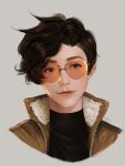  1girl artist_name aviator_sunglasses bangs black_shirt brown_hair brown_jacket closed_mouth commentary eyebrows eyelashes face fur-trimmed_jacket fur_trim glasses grey_background highres jacket light_smile lips looking_at_viewer nose orange-tinted_eyewear overwatch peter_xiao realistic rimless_eyewear shirt short_hair signature simple_background solo sunglasses tracer_(overwatch) turtleneck wavy_hair zipper 