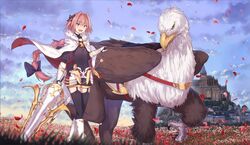  1boy :d astolfo_(fate) black_legwear blue_sky boots bow braid cape cape_billowing castle day fang fate/apocrypha field flower flower_field garter_straps gauntlets hair_bow hippogriff holding holding_lance holding_polearm holding_weapon ibuki_notsu lance long_hair looking_at_viewer male_focus open_mouth outdoors pink_hair polearm purple_bow red_cape single_braid skin_fang sky smile solo standing thigh-highs two-sided_cape two-sided_fabric very_long_hair violet_eyes walking weapon white_cape white_footwear 