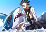  1boy arm_support black_hair black_scarf closed_eyes closed_mouth commentary_request gen_3_pokemon grey_hair grimsley_(pokemon) highres lobolobo2010 long_sleeves male_focus multicolored_hair outdoors pokemon pokemon_(creature) pokemon_(game) pokemon_sm rock scarf sharpedo sitting sky smile torn_clothes two-tone_hair water 