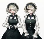  1girl :d bangs black_dress black_gloves blonde_hair breasts clenched_hands closed_eyes closed_mouth collared_shirt commentary_request cowboy_shot dalrye_v3 dangan_ronpa dress facing_viewer frills gloves green_eyes grey_background hair_over_one_eye hairband large_breasts long_sleeves looking_at_viewer maid_headdress multiple_views necktie new_dangan_ronpa_v3 open_mouth pinafore_dress shirt short_hair simple_background smile spider_web_print toujou_kirumi twitter_username 