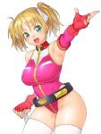  1girl :d armpits bare_shoulders breasts brown_hair cowboy_shot elbow_gloves fingerless_gloves gloves green_eyes gundam gundam_card_builder hair_ribbon hand_up highres large_breasts leotard looking_at_viewer medium_hair onsoku_inu open_mouth pink_leotard red_gloves reiko_holinger ribbon simple_background skindentation smile solo standing thigh-highs twintails white_background white_legwear white_ribbon 