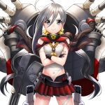  1girl ahoge bare_shoulders blush breasts budget_sarashi cosplay gloves grey_eyes grey_hair gunbuster_pose hair_between_eyes hair_ribbon kantai_collection kiyoshimo_(kantai_collection) long_hair looking_at_viewer low_twintails machinery miniskirt musashi_(kantai_collection) musashi_(kantai_collection)_(cosplay) navel partially_fingerless_gloves pleated_skirt ribbon rigging sarashi skirt smile solo torpedo torpedo_tubes turret twintails unowen very_long_hair white_background 