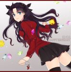  1girl black_bow black_hair black_legwear black_skirt blue_eyes bow closed_mouth cowboy_shot dutch_angle fate/stay_night fate_(series) floating_hair from_side gem gradient gradient_background grey_background hair_bow happy_birthday heart_pendant highres jewelry long_hair long_sleeves looking_at_viewer miniskirt pendant pleated_skirt red_shirt shimatori_(sanyyyy) shiny shiny_hair shirt skirt smile solo thigh-highs tohsaka_rin twintails very_long_hair 