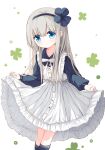  1girl bangs black_flower black_hairband black_legwear black_shirt blue_eyes blush bow closed_mouth collared_shirt dress eyebrows_visible_through_hair flower frilled_dress frills grey_hair hair_between_eyes hair_flower hair_ornament hairband healer_girl_(yuuhagi_(amaretto-no-natsu)) kneehighs long_hair long_sleeves original puffy_long_sleeves puffy_sleeves shirt simple_background skirt_hold sleeveless sleeveless_dress solo standing very_long_hair white_background white_bow white_dress yuuhagi_(amaretto-no-natsu) 