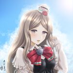  1girl blue_sky breasts brown_eyes clouds commentary_request corset grey_hair hat highres kantai_collection looking_at_viewer medium_breasts mini_hat parted_lips pola_(kantai_collection) shirt sky solo thick_eyebrows tilted_headwear tk8d32 upper_body wavy_hair white_shirt 