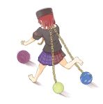  1girl barefoot black_shirt chain dragging earth_(ornament) facing_away from_above gold_chain hecatia_lapislazuli highres looking_at_object moon_(ornament) multicolored_clothes multicolored_skirt off-shoulder_shirt off_shoulder peroponesosu. plaid plaid_skirt polos_crown reaching redhead rolling running shirt simple_background skirt solo t-shirt touhou underworld_(ornament) wardrobe_malfunction 