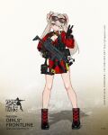  1girl black_footwear black_gloves boots character_request cleavage_cutout closed_mouth clothing_cutout commentary_request double_bun dress english_text eyewear_on_head girls_frontline gloves gun harness high_collar holding holding_gun holding_weapon logo long_hair long_sleeves looking_at_viewer luicent red_dress shadow short_dress side_slit smile solo standing thigh-highs thigh_boots very_long_hair watermark weapon web_address 