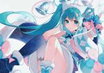  1girl aqua_hair bell bell_collar blue_gloves blue_legwear bow collar fur_trim gloves hair_bow hair_ornament hairclip hand_on_own_face hatsune_miku headphones heridy long_hair looking_at_viewer microphone multicolored multicolored_bow multicolored_ribbon pink_bow pink_gloves pink_ribbon ribbon shirt simple_background single_thighhigh skirt sleeveless sleeveless_shirt solo thigh-highs twintails v very_long_hair vocaloid white_background 