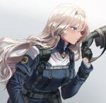  1girl an-94_(girls_frontline) bangs black_gloves blue_eyes blush closed_mouth from_side girls_frontline gloves grey_background hair_between_eyes hairband holding_another&#039;s_arm long_hair low_tied_hair platinum_blonde_hair pouch profile silence_girl strap tactical_clothes 