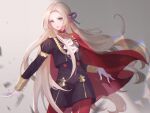  1girl absurdres black_dress blonde_hair blue_eyes cape cowboy_shot dress edelgard_von_hresvelg fire_emblem fire_emblem:_three_houses floating_hair garreg_mach_monastery_uniform gloves grey_background hair_intakes hair_ribbon highres long_hair long_sleeves pantyhose purple_ribbon red_cape red_legwear ribbon shiny shiny_clothes shiny_legwear short_dress solo standing very_long_hair white_gloves xianyutantan 