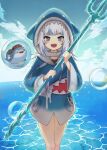  1girl animal_hood anzai_growth bangs bloop_(gawr_gura) bubble gawr_gura highres holding holding_weapon hololive hololive_english hood looking_at_viewer open_mouth polearm shark_hood sharp_teeth solo teeth trident virtual_youtuber water weapon white_hair 