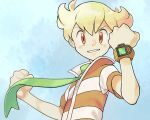  1boy bangs barry_(pokemon) blonde_hair clenched_hands commentary_request donnpati floating_scarf green_scarf hands_up looking_at_viewer male_focus orange_eyes pokemon pokemon_(game) pokemon_dppt scarf short_hair short_sleeves smile solo teeth upper_body 