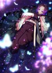  1girl absurdres arm_up black_legwear blurry_foreground bug butterfly butterfly_hair_ornament butterfly_on_hand cherry_blossoms from_above hair_intakes hair_ornament haori highres huge_filesize insect jacket japanese_clothes kimetsu_no_yaiba kochou_shinobu kuroko_(uver-world1009) long_sleeves lying no_pupils on_back pants purple_hair purple_jacket purple_pants sheath short_hair solo tabi violet_eyes water_surface 