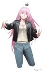  absurdres alternate_costume artist_name cropped_legs crown english_commentary highres hololive hololive_english jacket leather leather_jacket mori_calliope pink_eyes pink_hair sketch smile solo vincent_wu virtual_youtuber white_background 