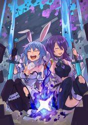  2girls animal_ears arrow_(projectile) bandaid blue_hair closed_eyes crop_top crumbling diamond_sword highres hololive laughing messy_hair minecraft moona_hoshinova multiple_girls pantyhose purple_hair rabbit_ears rumie sitting sword thigh-highs thigh_strap torn_clothes torn_legwear twintails usada_pekora weapon wither_(minecraft) 