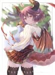 1girl ahoge black_legwear dragon_girl dragon_horns dragon_tail dragon_wings eyebrows_visible_through_hair fire from_behind granblue_fantasy grea_(shingeki_no_bahamut) highres horns long_sleeves looking_at_viewer looking_back mohurine_cute plaid plaid_skirt pointy_ears red_eyes red_skirt redhead shingeki_no_bahamut shirt short_hair skirt smile solo tail tail_raised thigh-highs thighs white_shirt wings zettai_ryouiki
