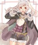  1girl animal_ears belt fire_emblem fire_emblem_awakening fire_emblem_heroes fur_trim gloves grima_(fire_emblem) halloween_costume highres jiro_yuriesu long_sleeves open_mouth paw_gloves paws red_eyes robin_(fire_emblem) robin_(fire_emblem)_(female) shorts solo tail twintails white_hair wolf_ears wolf_tail 