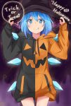  1girl :q alternate_costume arms_up blue_eyes blue_hair bright_pupils cirno commentary_request cowboy_shot drawstring eyebrows_visible_through_hair gradient gradient_background hair_between_eyes halloween hands_on_headwear happy_halloween hat highres hood hood_down hoodie jack-o&#039;-lantern_print looking_at_viewer mizune_(winter) no_pants purple_background short_hair sleeves_past_wrists solo sparkle speech_bubble standing star_(symbol) tongue tongue_out touhou trick_or_treat two-tone_hoodie white_pupils wings witch_hat 