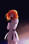  1girl ahoge black_gloves closed_eyes cowboy_shot dress fate/grand_order fate_(series) floating_hair fujimaru_ritsuka_(female) gloves highres long_hair orange_hair redrabbit44 shiny shiny_hair short_dress solo standing uniform white_dress 