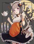  1girl animal animal_ear_fluff animal_ears apron bat bat_hair_ornament black_bow black_legwear black_skirt bow braid breasts candle candlestand cat_ears cat_girl cat_tail coffee commentary cup english_commentary fire frilled_apron frilled_legwear frilled_skirt frills hair_ornament halloween hands_up highres kimi_(jxrm5387) long_hair medium_breasts orange_apron original shirt single_thighhigh skirt solo tail tail_bow tail_raised thigh-highs waist_apron white_shirt 