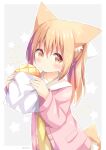  1girl animal_ear_fluff animal_ears arms_up blonde_hair bow bread brown_eyes eyebrows_visible_through_hair eyes_visible_through_hair food hair_between_eyes hair_bow highres holding holding_food jacket long_hair looking_at_viewer melon_bread miike-chan nakkar open_clothes open_jacket original pink_jacket pleated_skirt sailor_collar shirt sidelocks skirt smile solo standing star_(symbol) tail white_bow white_sailor_collar white_skirt yellow_shirt 