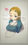  1girl blonde_hair breasts commentary_request english_text forehead green_eyes grey_background hair_ornament hairclip highres long_hair looking_at_viewer mg_no29 pointy_ears princess_zelda sketch solo the_legend_of_zelda the_legend_of_zelda:_breath_of_the_wild thick_eyebrows 