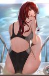  1girl ass back_cutout blurry blurry_background clothing_cutout competition_swimsuit eyebrows_visible_through_hair gedou_hakurou handrail highres long_hair looking_back one-piece_swimsuit open_mouth persona persona_5 persona_5_the_royal red_eyes redhead signature solo swimsuit twitter_username wet yoshizawa_kasumi 