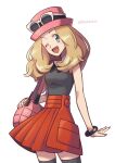  1girl ;d artist_name black_legwear bracelet commentary_request eyelashes fingernails hat jewelry light_brown_hair lobolobo2010 long_hair one_eye_closed open_mouth pink_bag pink_headwear pleated_skirt pokemon pokemon_(game) pokemon_xy red_skirt serena_(pokemon) shirt skirt sleeveless sleeveless_shirt smile solo thigh-highs watermark white_background 