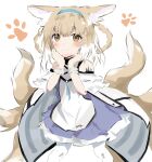  1girl animal_ear_fluff animal_ears arknights bangs bare_shoulders blue_dress blue_hairband blush brown_eyes brown_hair closed_mouth dress eyebrows_visible_through_hair frilled_dress frills hair_between_eyes hairband hands_up highres multicolored_hair multiple_tails pantyhose raifu_(rf) simple_background smile solo standing suzuran_(arknights) tail two-tone_hair white_background white_hair white_legwear 