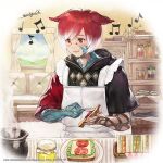  1boy animal_ears apron artist_request basket blue_sky blush bowl bread carpet character_request clouds commentary_request company_name copyright_name couch curtains dated day eighth_note final_fantasy final_fantasy_xiv food frilled_apron frills hair_between_eyes holding indoors jar lettuce light_smile male_focus multicolored_hair musical_note object_request official_art plate red_eyes redhead sandwich shelf short_hair short_sleeves signature sky smile solo steam tomato white_hair 