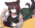  1girl animal_ears arknights bangs brown_hair catapult_(arknights) chips closed_mouth commentary_request eating eyebrows_visible_through_hair food hair_between_eyes holding holding_food jacket long_sleeves looking_at_viewer lying nintendo_switch on_stomach sasa_onigiri shirt short_hair smile solo tail thigh-highs 