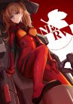  1girl bangs blue_eyes bodysuit breasts brown_hair hair_between_eyes highres kyuu_(chiu850513) leaning_back long_hair looking_at_viewer neon_genesis_evangelion parted_lips plugsuit red_bodysuit shiny shiny_hair sitting small_breasts solo souryuu_asuka_langley twintails 