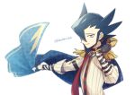  1boy artist_name bangs black_choker black_gloves cape choker commentary_request gloves grimsley_(pokemon) holding lobolobo2010 looking_to_the_side male_focus necktie pokemon pokemon_(game) pokemon_masters_ex red_neckwear shirt sleeves_rolled_up smile solo upper_body watermark 