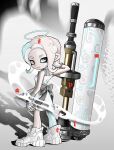  1girl artist_request blue_eyes blue_hair dress dynamo_roller_(splatoon) earpiece fingerless_gloves gloves grey_ribbon halo heterochromia highres letter looking_back mechanical_legs multicolored_hair octoling pink_eyes pink_hair pointy_ears smile solo splatoon_(series) standing suction_cups tentacle_hair thick_eyebrows two-tone_hair white_dress white_footwear white_gloves 