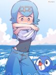  1girl arms_up artist_name bangs black_swimsuit blue_background blue_eyes blue_hair blue_pants blue_sailor_collar blue_sky blue_theme blush brown_hairband clouds commentary_request covered_navel day embarrassed english_commentary flat_chest gen_7_pokemon gradient_sky hairband highres horizon lana_(pokemon) lifted_by_self looking_at_another looking_down looking_up mixed-language_commentary nose_blush ocean one-piece_swimsuit open_mouth orange_peel_(artist) outdoors pants partial_commentary pokemon pokemon_(creature) pokemon_(game) pokemon_sm popplio sailor_collar shirt shirt_lift short_hair sky sleeveless sleeveless_shirt solo_focus standing sweat swimsuit swimsuit_under_clothes undressing v-shaped_eyebrows water watermark waves white_shirt 