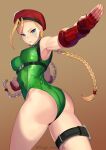  1girl ahoge armpits ass bare_shoulders beret blonde_hair blue_eyes braid cammy_white clenched_hand fighting_stance garrison_cap green_leotard hat highres huge_ahoge kagematsuri leotard parted_lips salute scar straight-arm_salute street_fighter street_fighter_v thigh_strap thighs twin_braids 