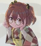  1girl 5alive apron bell character_name checkered checkered_kimono closed_mouth clothes_writing eyebrows_visible_through_hair glasses hair_bell hair_ornament happy japanese_clothes jingle_bell kimono looking_at_viewer motoori_kosuzu red_eyes redhead romaji_text shirt short_hair simple_background smile touhou twintails two_side_up upper_body white_background white_shirt wide_sleeves yellow_apron 