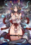  1girl animal_ears bangs bell blush breasts double_bun fox_ears grey_hair groin hair_bell hair_between_eyes hair_ornament japanese_clothes jewelry long_hair looking_at_viewer necklace original parted_bangs parted_lips solo tail tajima_ryuushi thigh_strap very_long_hair violet_eyes wet 