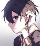  1boy adjusting_hair bangs black_eyes black_hair black_shirt collared_shirt commentary_request crescent crescent_earrings earrings gradient gradient_background grey_background hair_between_eyes highres jewelry kirito long_sleeves ruriiro_blue shirt solo sword_art_online 