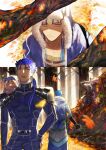  1other 3boys abs armor autumn autumn_leaves back beads belt blue_hair bodysuit bracelet branch cape capelet chibi closed_mouth cu_chulainn_(fate)_(all) cu_chulainn_(fate/grand_order) cu_chulainn_alter_(fate/grand_order) earrings elbow_gloves facepaint fang fate/grand_order fate/stay_night fate_(series) forest from_above from_behind frown full_body fur fur-trimmed_hood fur_trim gloves hair_beads hair_ornament hand_on_hip hood hood_down hood_up hooded_capelet jewelry lancer long_hair looking_up male_focus mini_cu-chan multiple_boys multiple_persona multiple_views muscle nature navel open_mouth outdoors pauldrons ponytail red_eyes shoulder_armor sitting skin_tight sparkle spikes spiky_hair standing tail tree type-moon yuu_(guruko) 