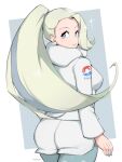  1girl alternate_hairstyle blue_eyes breasts commentary earrings eyelashes green_hair gym_leader hair_tie highres jewelry legwear_under_shorts long_hair looking_at_viewer looking_back mature melony_(pokemon) milka_(milk4ppl) nail_polish pantyhose parted_lips pokemon pokemon_(game) pokemon_swsh scarf shorts solo tied_hair white_scarf 