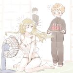  1boy 1girl 88_(einnimnech) blonde_hair blush embarrassed emiya_shirou fan fate/stay_night fate_(series) food fruit genderswap genderswap_(mtf) gilgamesh hot kotomine_shirou_(fanfic) orange_hair red_eyes sweat twitter_username underwear watermelon what_if yellow_eyes younger 