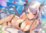  1girl antenna_hair azur_lane bangs beach bikini blush breasts brown_eyes choker cross cross_earrings day earrings eyebrows_visible_through_hair hair_between_eyes iron_cross jewelry large_breasts long_hair looking_at_viewer lying mole mole_on_breast multicolored_hair navel on_side outdoors parted_lips prinz_eugen_(azur_lane) prinz_eugen_(unfading_smile)_(azur_lane) redhead ribbon sidelocks silver_hair smile solo stomach streaked_hair swept_bangs swimsuit thigh_strap two_side_up very_long_hair yk_(pixiv43531291) 