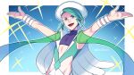  1boy arms_up artist_name bracelet commentary_request green_eyes green_hair hat highres jewelry lobolobo2010 male_focus open_mouth pokemon pokemon_(game) pokemon_oras solo sparkle tongue upper_body wallace_(pokemon) watermark white_headwear 