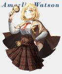  1girl blonde_hair blue_eyes character_name grey_background hand_on_hip highres holding_magnifying_glass hololive hololive_english looking_down medium_hair solo vincent_wu virtual_youtuber watson_amelia 