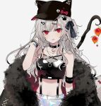  1girl animal_ears armband armpit_peek bare_shoulders baseball_cap black_choker black_coat black_headwear black_shirt chiemo_(xcem) choker close-up coat crop_top earrings fake_animal_ears fishnets fur-trimmed_coat fur_trim hair_ornament hair_ribbon hairclip hand_up hat hoop_earrings jewelry long_hair looking_at_viewer midriff off_shoulder one_side_up original parted_lips red_eyes ribbon shirt sidelocks silver_hair simple_background skirt sleeveless sleeveless_shirt solo spaghetti_strap spandex staff stomach suspenders upper_body white_background white_skirt wristband 