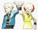  2boys afro aqua_jacket black_choker black_shirt black_wristband blonde_hair blue_eyes choker clenched_hand closed_mouth commentary_request donnpati flint_(pokemon) gym_leader hand_up jacket long_sleeves male_focus multiple_boys one_eye_closed open_mouth orange_hair pokemon pokemon_(game) pokemon_dppt shirt smile teeth tongue volkner_(pokemon) wristband yellow_shirt 