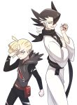  2boys ahoge bangs black_hair black_pants black_scarf blonde_hair clenched_hand closed_mouth commentary_request ear_piercing fanny_pack green_eyes grimsley_(pokemon) hand_up highres holding holding_poke_ball light_frown lobolobo2010 long_sleeves looking_to_the_side male_focus multiple_boys pants parted_lips piercing poke_ball poke_ball_(basic) pokemon pokemon_(game) pokemon_sm scarf smile torn_clothes torn_pants white_background 