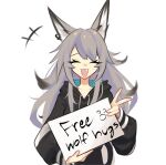  1girl ^_^ absurdres animal_ears closed_eyes english_text fang free_hugs ghost_(tama) highres long_hair open_mouth original smile solo v white_background wolf_ears wolf_girl 